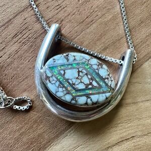 Sharon Sandoval Pendant Necklace 21 Inch White Buffalo Lab Opal Sterling 8.6g